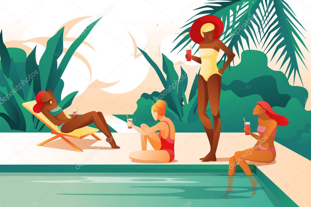 Cartoon Women near Pool Drink Coctail Sunbathing