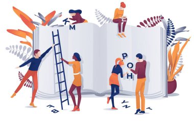 Karikatür Adam Kadın Kitap Sayfaları Kavramı Üzerine Mektup Koymak