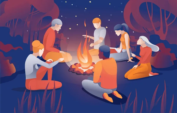 Cartoon People Sit near Bonfire at Summer Night