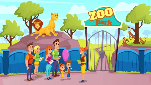 Group Smiling People and Guide at Zoo Gate. Vector — Stock Vector