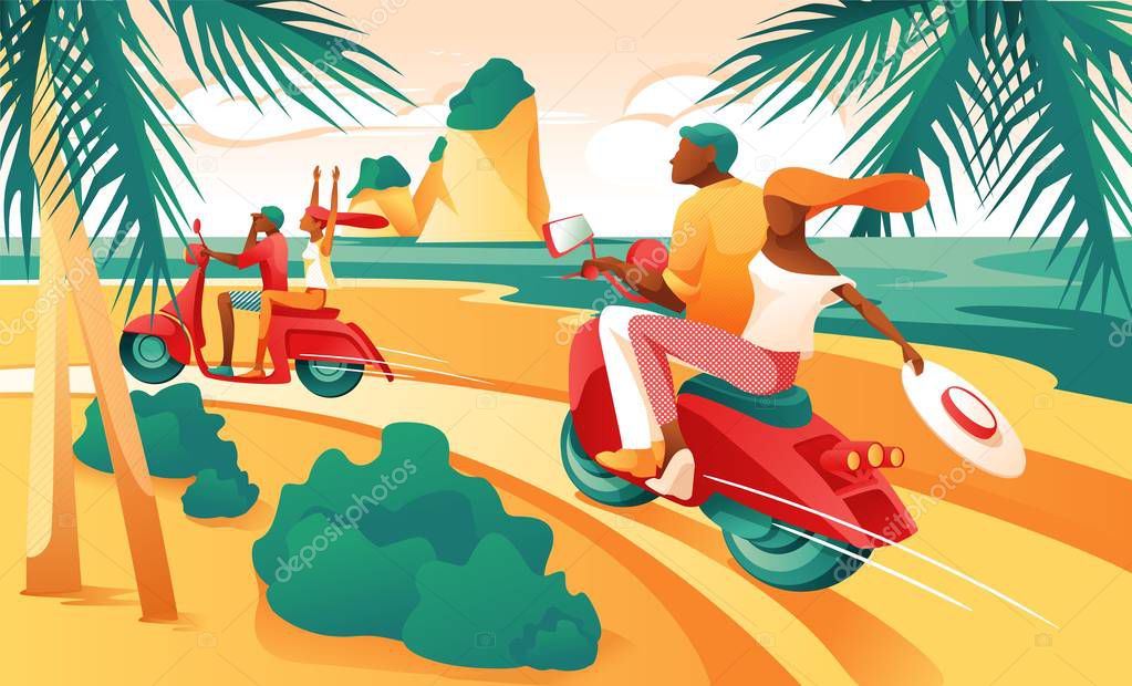 Cartoon Couple Ride Motorcycle on Ocean Shore