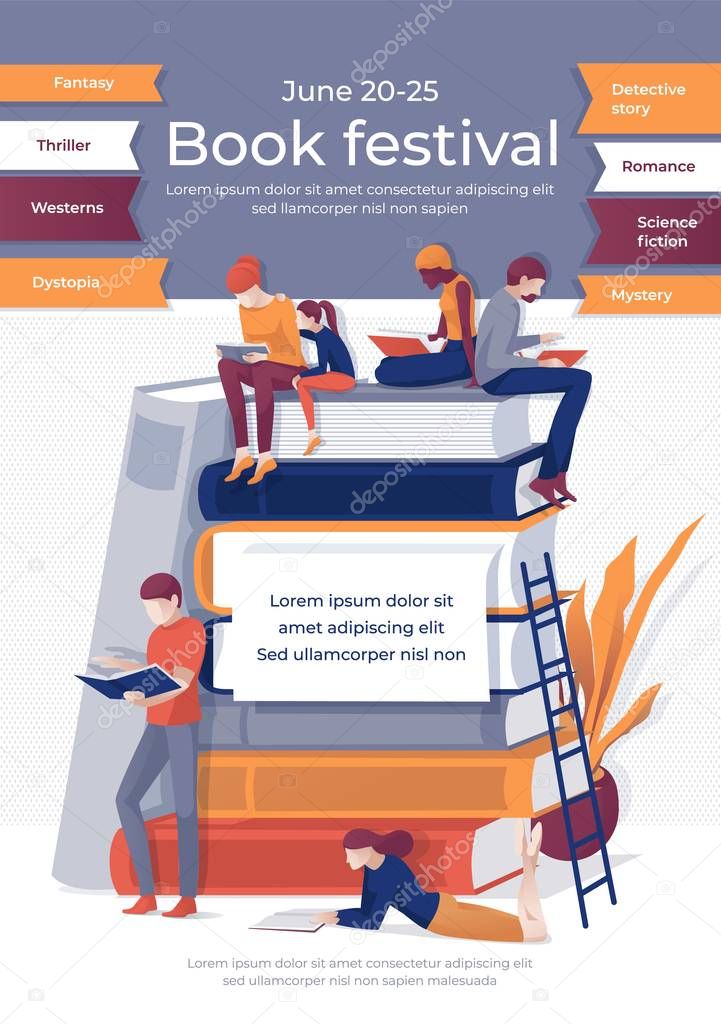 Cartoon People Read on Book Stack Festival Banner