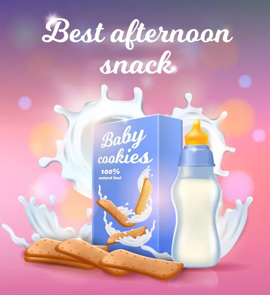 Melhor banner de lanche da tarde, leite de bebê e biscoitos —  Vetores de Stock