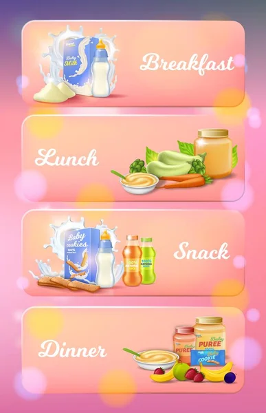 Baby Food Ad Set, Café da manhã, Almoço, Lanche, Jantar — Vetor de Stock