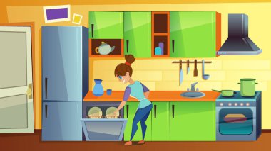 Kadın Mutfak Bulaşık Makinesinde Kirli Bulaşıkları Yükle