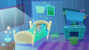 Küçük Kız Yatakta Oyuncak Ayı Sarılma Uyku