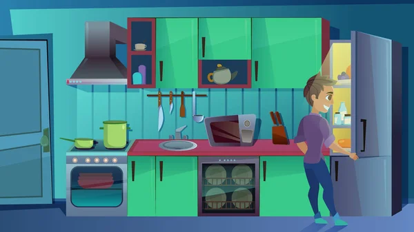 Joven mirando dentro de la nevera en la cocina — Vector de stock