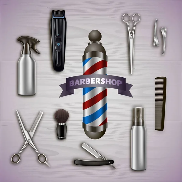 Logotipo Barbershop e ferramentas metálicas em fundo cinza — Vetor de Stock