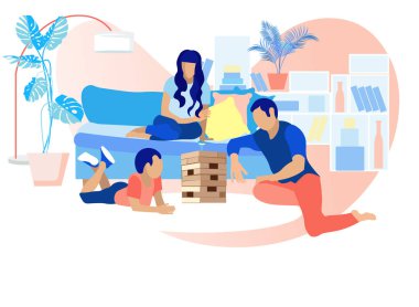 Evde Janga oynayan mutlu aile. Boş zaman