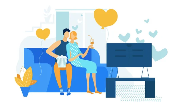 Молодая влюбленная пара смотрит телевизор с попкорном и любовью — стоковый вектор