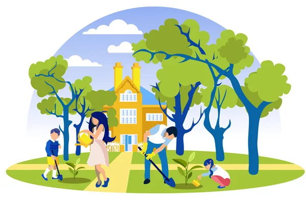 Family Planting Trees in Front of Beautiful House. Vector Graphics