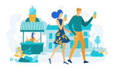 Happy Couple City Park Dondurma Yeme Yürüyüş