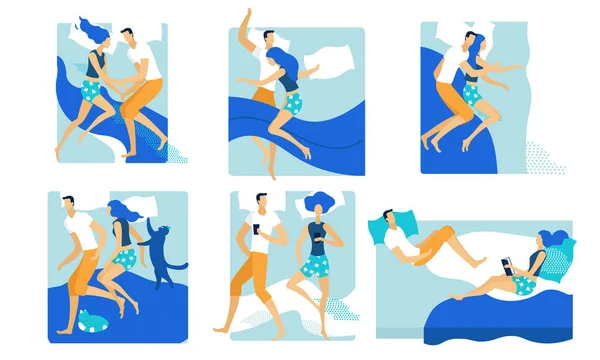 爱夫妇睡觉和懒洋洋在一个床集 — 图库矢量图片
