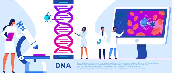 Mujer trabajando con microscopio investigando el ADN . — Vector de stock