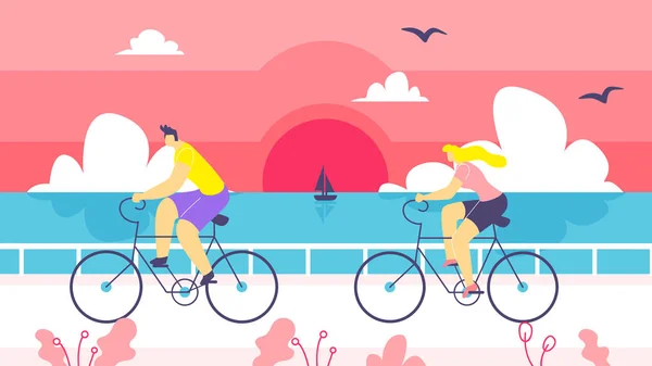 Hombre y mujer en bicicleta paseo a lo largo de la costa de dibujos animados . — Vector de stock