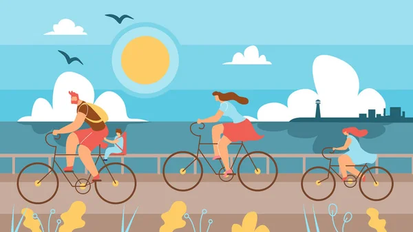 Familia con niños Montar bicicletas a lo largo de la costa . — Vector de stock