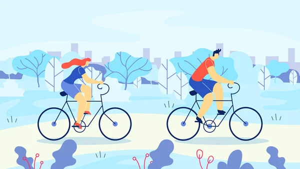 Hombre y mujer montando bicicletas fuera de la ciudad de dibujos animados . — Vector de stock