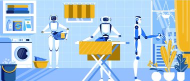 Ev Robotlar Günlük Yaşam Karikatür Düz Yardım. 