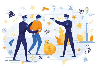 Policemen with Caught Criminal with Money Bag. clipart