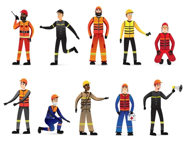 Rescuers in Different Positions with Equipment. — Stock Vector