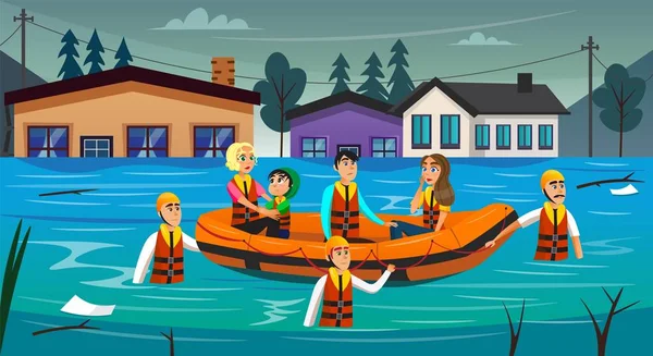Sobreviventes de inundação de desenhos animados sentados em barco inflável —  Vetores de Stock