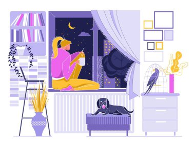 Pencere, Night Sky yakın Kız İçme Sıcak Kahve.