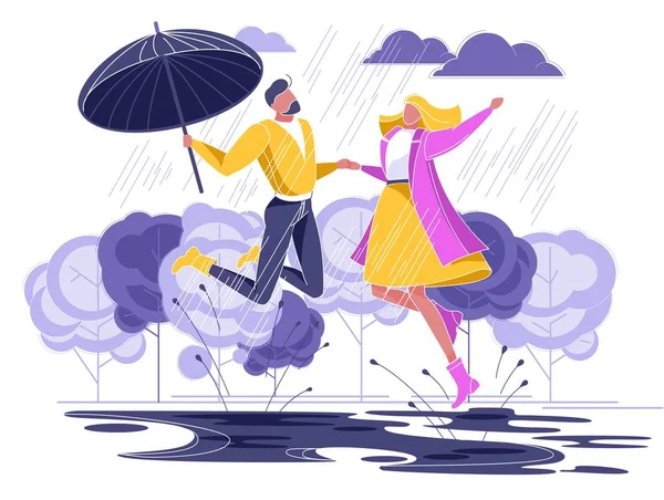 Pareja enamorada corriendo bajo la lluvia con paraguas . — Vector de stock