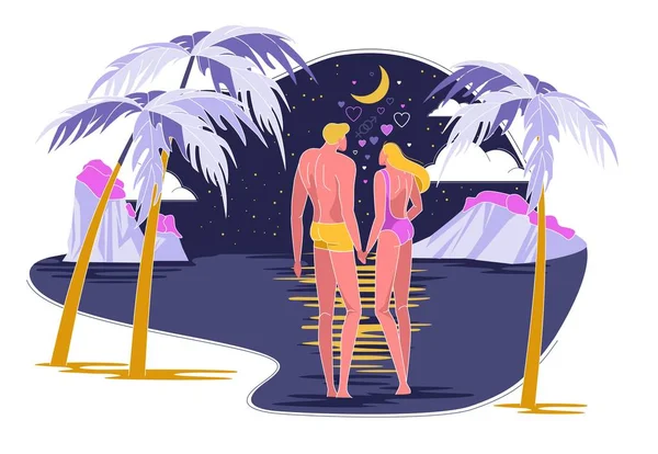 恋のカップルは夜に海で泳ぎに行く. — ストックベクタ