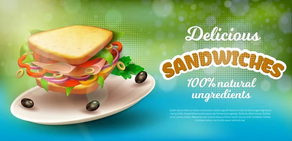 Inscrição de cartaz deliciosos sanduíches realista . — Vetor de Stock