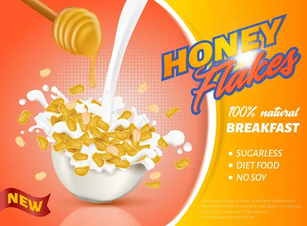 Banner is Written New Honey Flakes Realistic. — Stock Vector