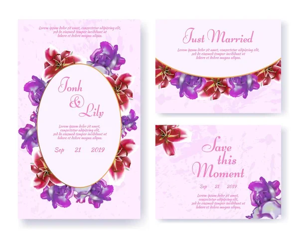Gruß oder Hochzeitseinladung Set mit Blumengirlanden — Stockvektor