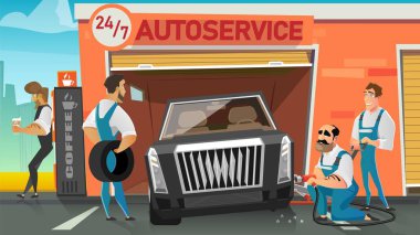 Araba Servis İşçileri Tekerlek Karikatür Vektör Değiştirme