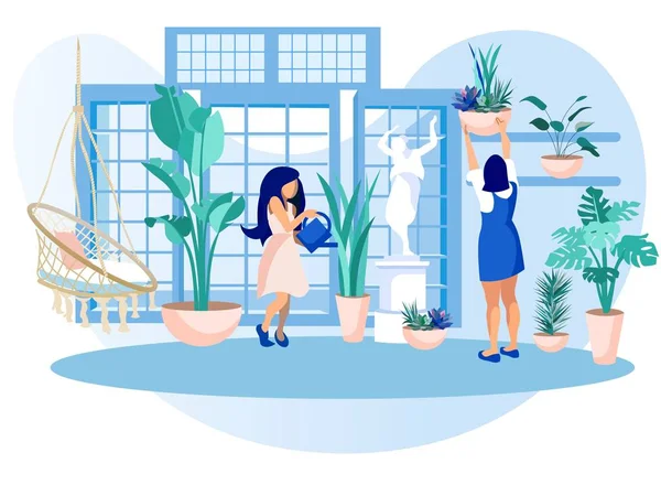 Femmes en serre Orangerie Entretien des plantes de jardin — Image vectorielle
