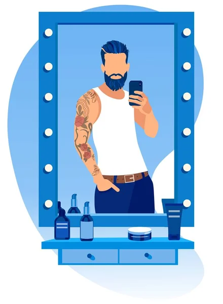 胡子男子在镜子在理发店自拍 — 图库矢量图片