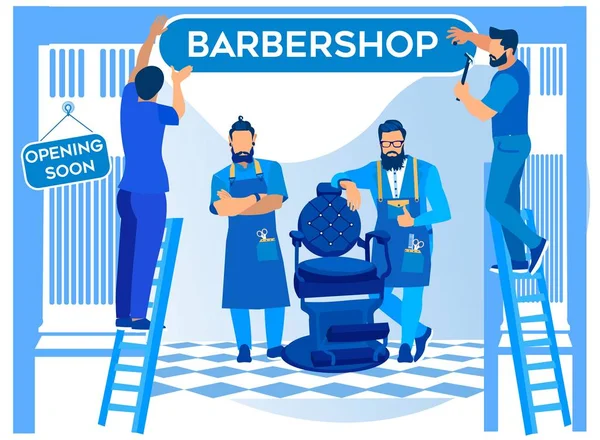 Ouverture du salon de coiffure, Panneau suspendu des travailleurs — Image vectorielle
