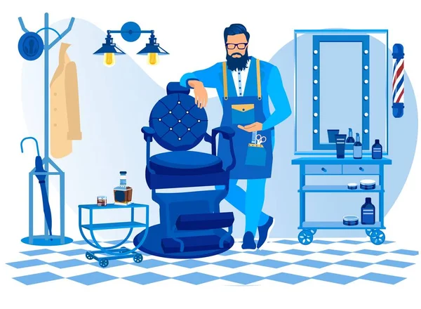 Парикмахер с бородой носит фартук с инструментами для стрижки волос — стоковый вектор