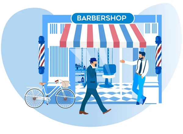 Barker meghívó gyalogosok jön az új Barbershop — Stock Vector