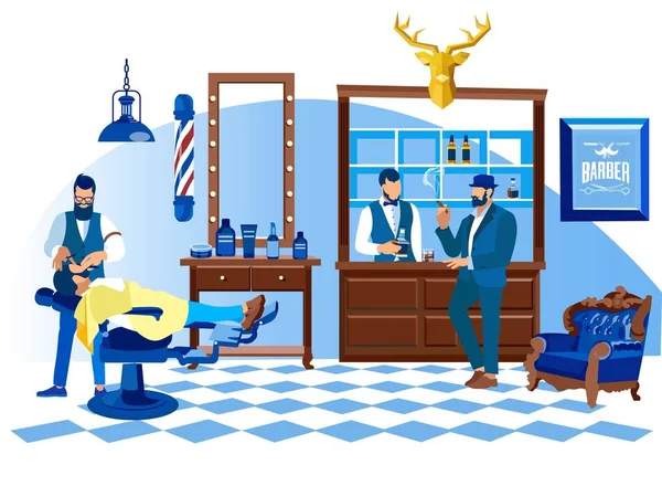 Barber cliente de afeitado con afeitadora recta, Salón — Vector de stock
