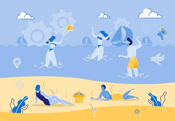 Groep mensen ontspannen op het strand op warme zomerdag — Stockvector