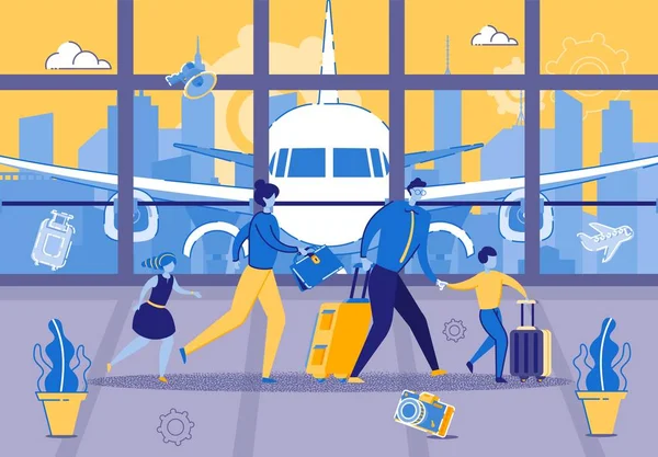 Jeune famille est à la hâte pour un vol à l'aéroport — Image vectorielle