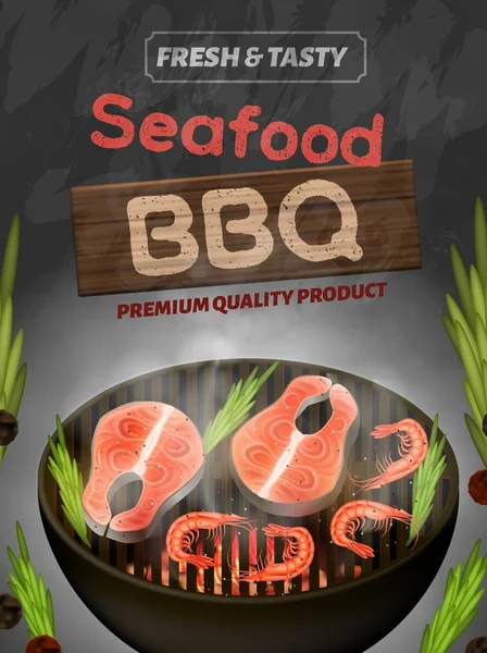 Banner BBQ ai frutti di mare, Volantino prodotto fresco e gustoso — Vettoriale Stock