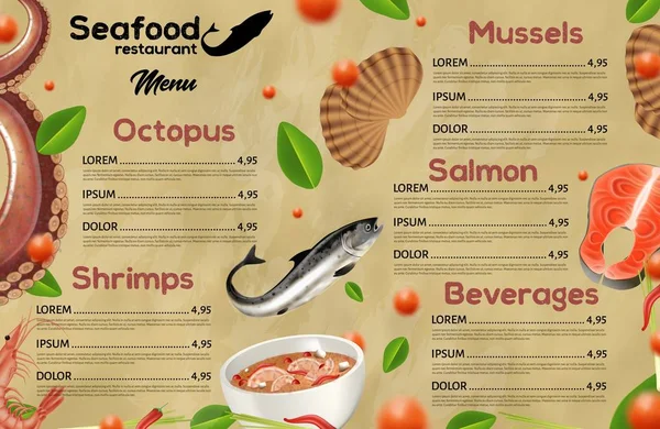 Menú Restaurante de Mariscos, Cocina Mediterránea — Archivo Imágenes Vectoriales