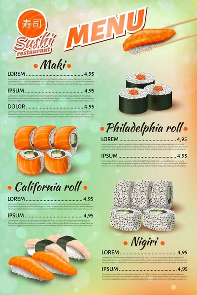 Speisekarte japanisches Restaurant, Sushi, Brötchen Preisliste — Stockvektor