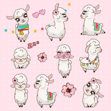 Koleksiyon Sevimli Llama Alpaca Vicuna Seti Kawaii. 