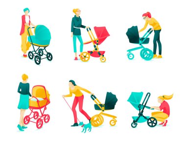 Poster Set Karakter Genç Anneler Karikatür Düz.