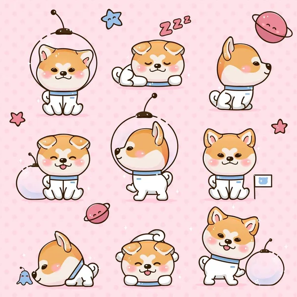 Set Kawaii Smile Japon Köpek Akita Inu Karikatür.