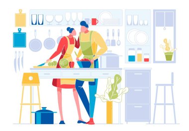 Genç ve Sevecen Çift Mutfakta Birlikte Yemek Yapıyor