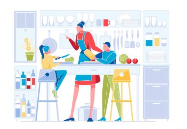 Kitchen'daki Mutlu Aile. Anne Öğretim Çocuklar