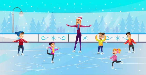 Kids Doing Figure Skating in Ice Rink Park Flat. — Stock Vector