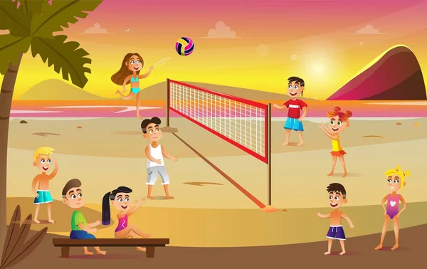 Kinderen in zwemkleding volleyballen op het strand. — Stockvector